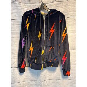 Aviator Nation Black Zip-Up Velour Hoodie With Multicolor Lightning Bolts Size M